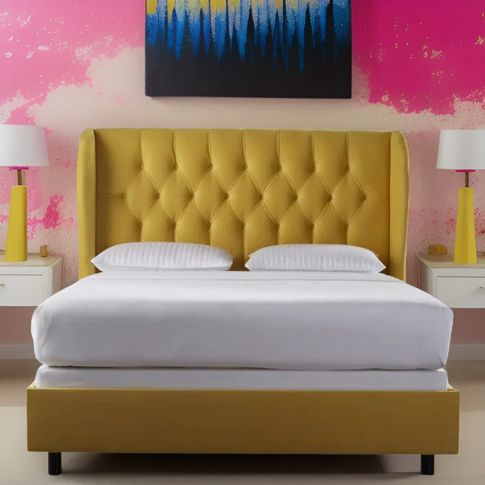 Modrenmate Furniture Crew Rome Queen size Non storage upholstered bed in Yellow color
