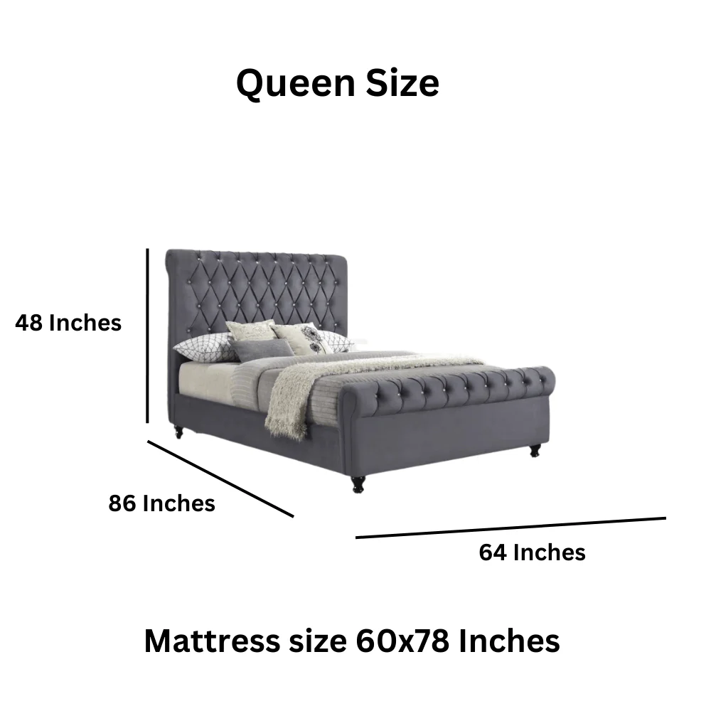 Furniture Crew Mario Upholstered Teak Wood Queen Size Bed Without Storage – Grey Color - Image 2