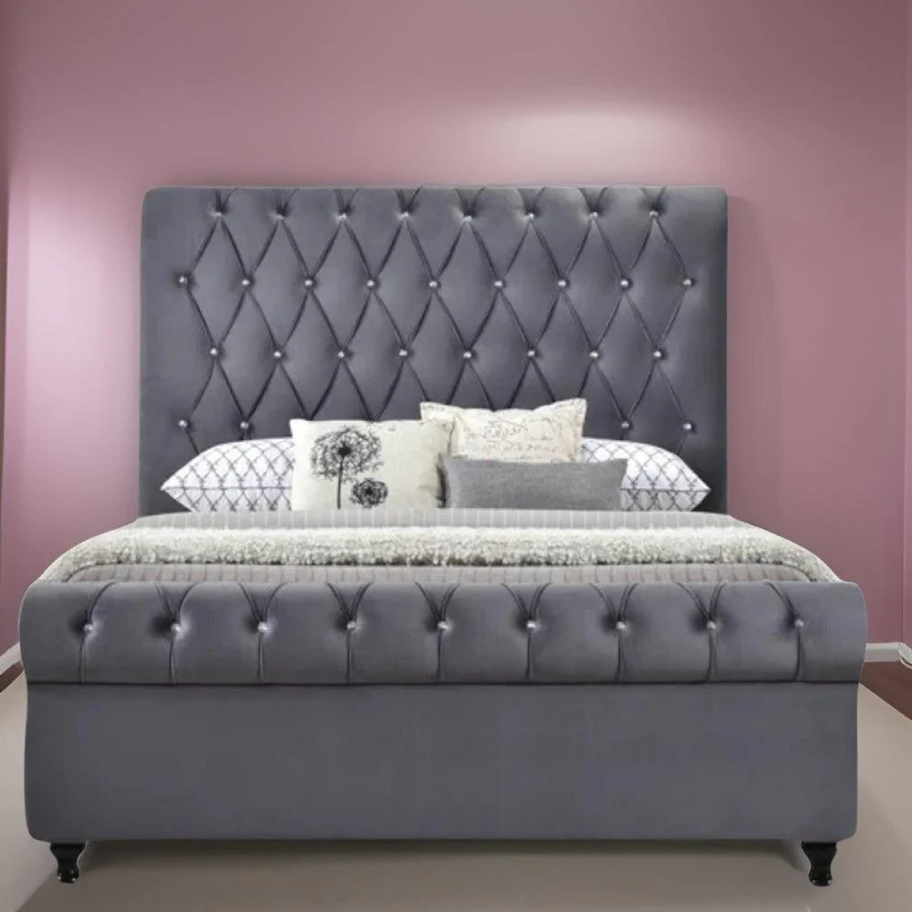 Furniture Crew Mario Upholstered Teak Wood Queen Size Bed Without Storage – Grey Color - Image 6
