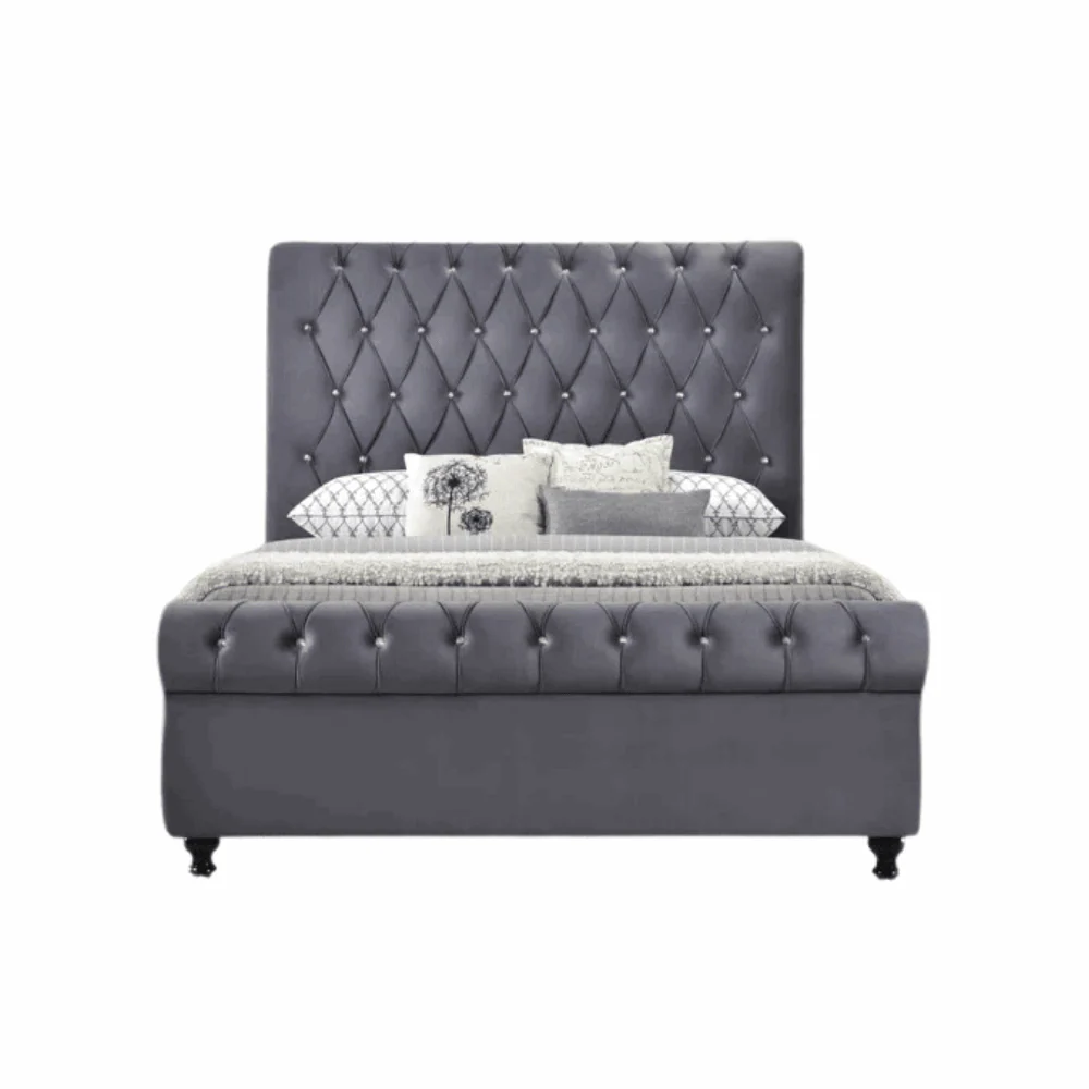 Furniture Crew Mario Upholstered Teak Wood Queen Size Bed Without Storage – Grey Color - Image 4