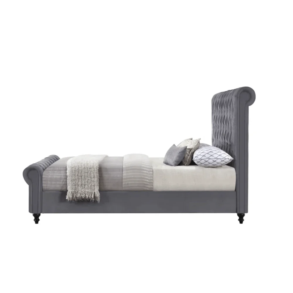 Furniture Crew Mario Upholstered Teak Wood Queen Size Bed Without Storage – Grey Color - Image 5