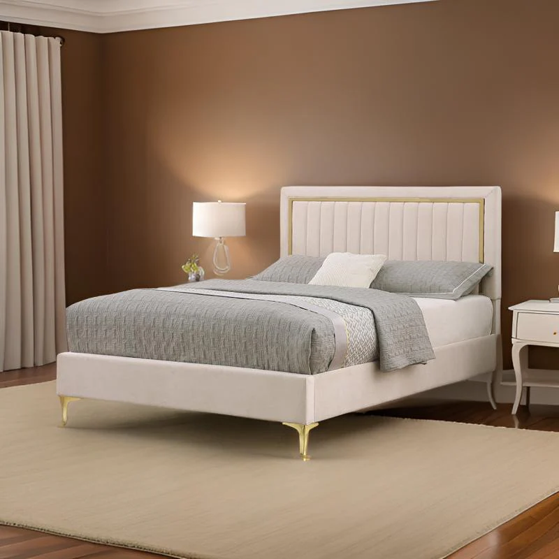 Royal Modrenmate Furniture Crew | Aurora Luxe King Size Upholstered Bed, Velvet Ivory White - Image 3